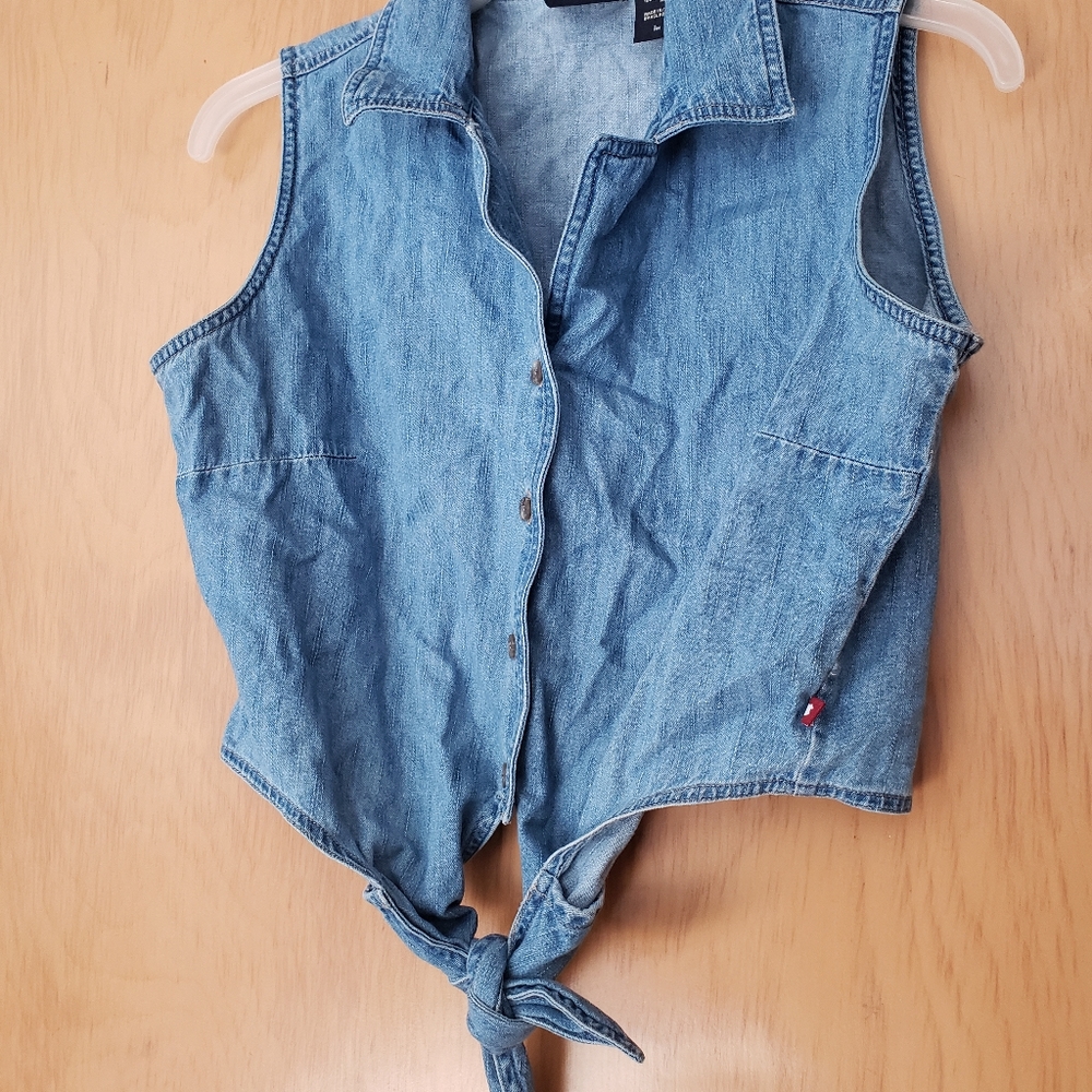 Denim tie crop top shirt